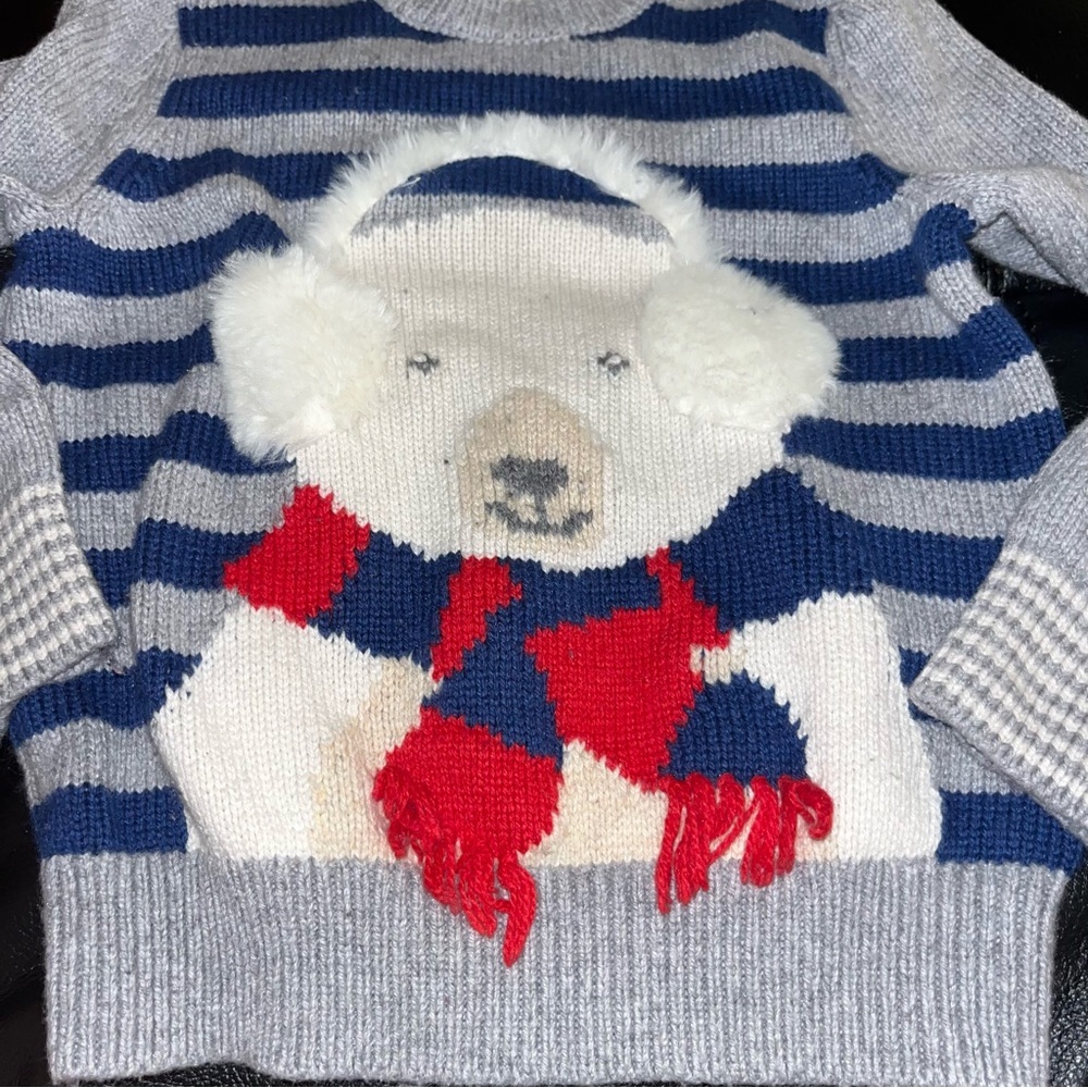 Mini boden gray blue striped sweater polar bear scarf ear muffs 4t 5t xs 4y 5y - Picture 4 of 4